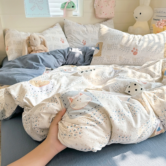 91家纺网 家纺一手货源 找家纺 九诺家纺 2026新款丝柔棉加厚小清新印花四件套-甜心 甜心-喵喵物语