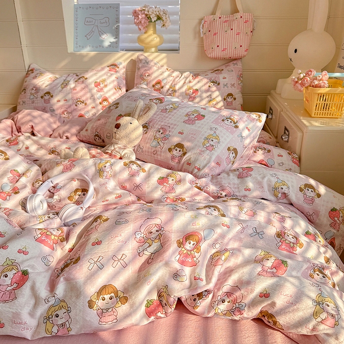 91家纺网 家纺一手货源 找家纺 九诺家纺 2026新款丝柔棉加厚小清新印花四件套-甜心 甜心-草莓女孩