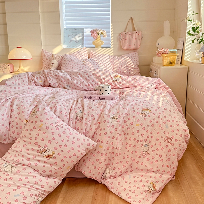 91家纺网 家纺一手货源 找家纺 九诺家纺 2026新款丝柔棉加厚小清新印花四件套-甜心 甜心-星星兔