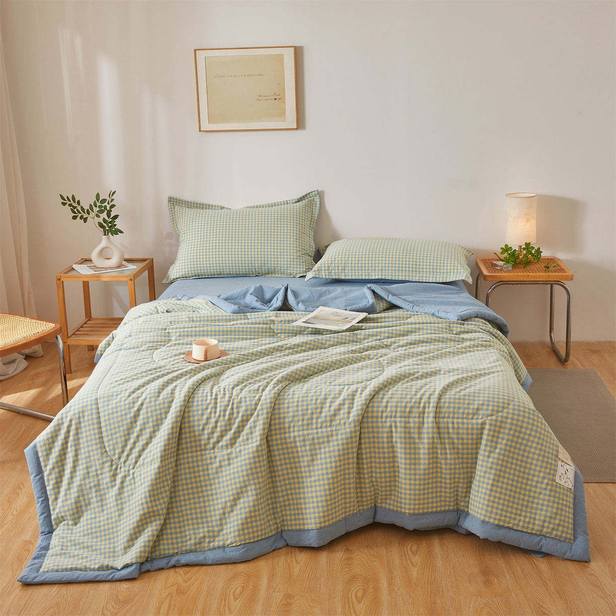 91家纺网 家纺一手货源 找家纺 西域种棉人·千百笠 2026新款A类里外全棉夏凉被100%新疆棉纯棉全棉填充无印格子款空调被夏被 里外全棉-蓝橙小格