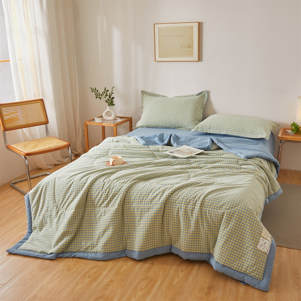 91家纺网 家纺一手货源 找家纺 西域种棉人·千百笠 2026新款A类里外全棉夏凉被100%新疆棉纯棉全棉填充无印格子款空调被夏被 里外全棉-蓝橙小格