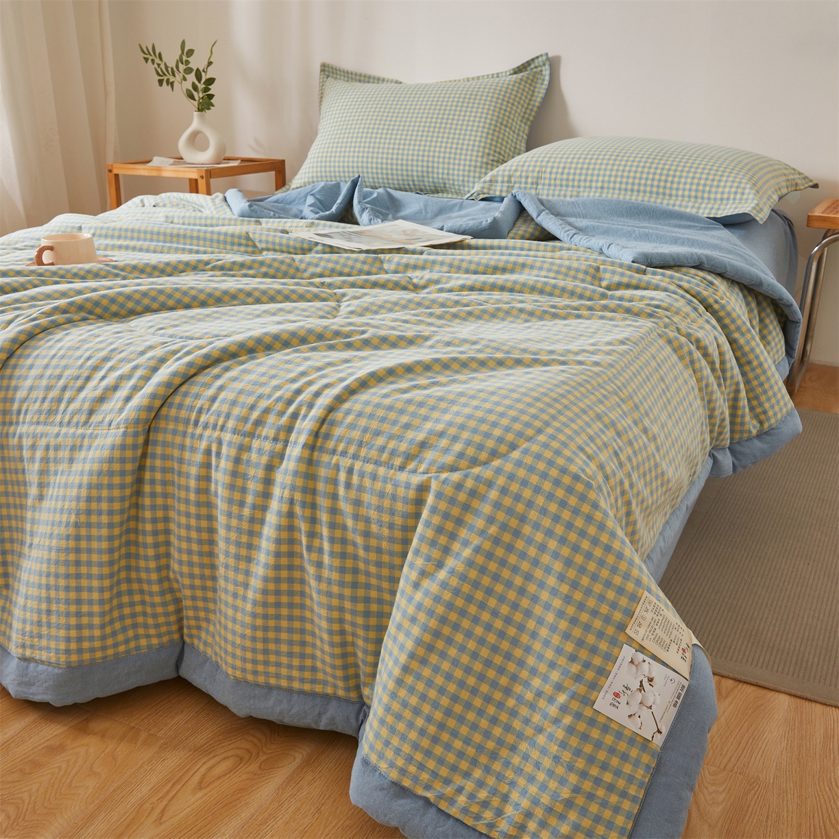 91家纺网 家纺一手货源 找家纺 西域种棉人·千百笠 2026新款A类里外全棉夏凉被100%新疆棉纯棉全棉填充无印格子款空调被夏被 里外全棉-蓝橙小格