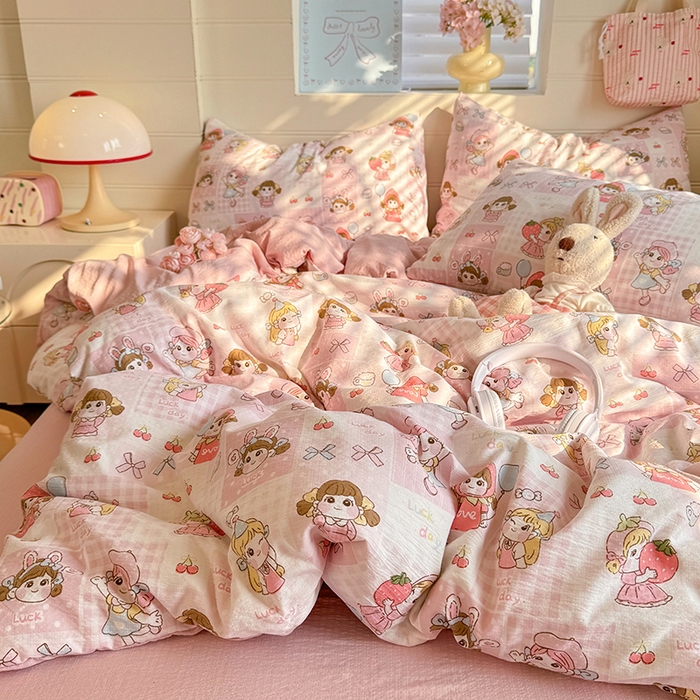 91家纺网 家纺一手货源 找家纺 九诺家纺 2026新款丝柔棉加厚小清新印花四件套-甜心 甜心-草莓女孩