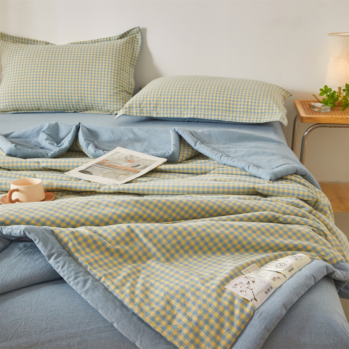 91家纺网 家纺一手货源 找家纺 西域种棉人·千百笠 2026新款A类里外全棉夏凉被100%新疆棉纯棉全棉填充无印格子款空调被夏被 里外全棉-蓝橙小格