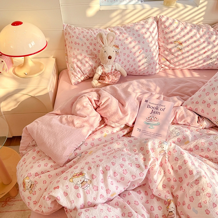 91家纺网 家纺一手货源 找家纺 九诺家纺 2026新款丝柔棉加厚小清新印花四件套-甜心 甜心-星星兔