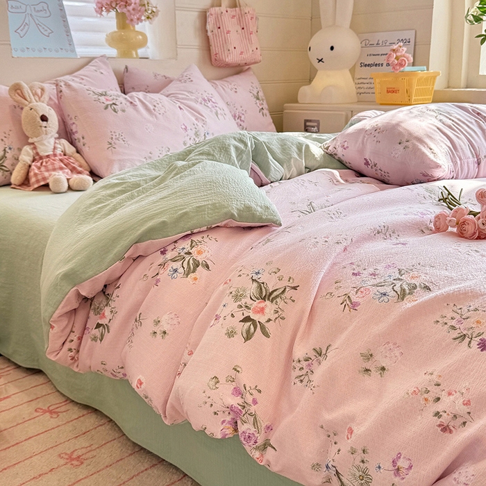 九诺家纺 2026新款丝柔棉加厚小清新印花四件套-甜心 甜心-紫薇花
