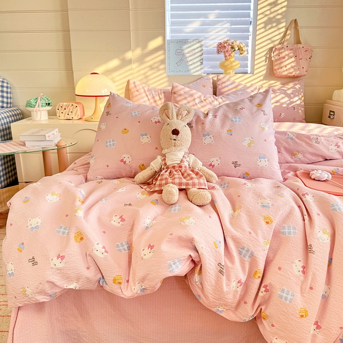 91家纺网 家纺一手货源 找家纺 九诺家纺 2026新款丝柔棉加厚小清新印花四件套-甜心 甜心-圣代甜猫粉