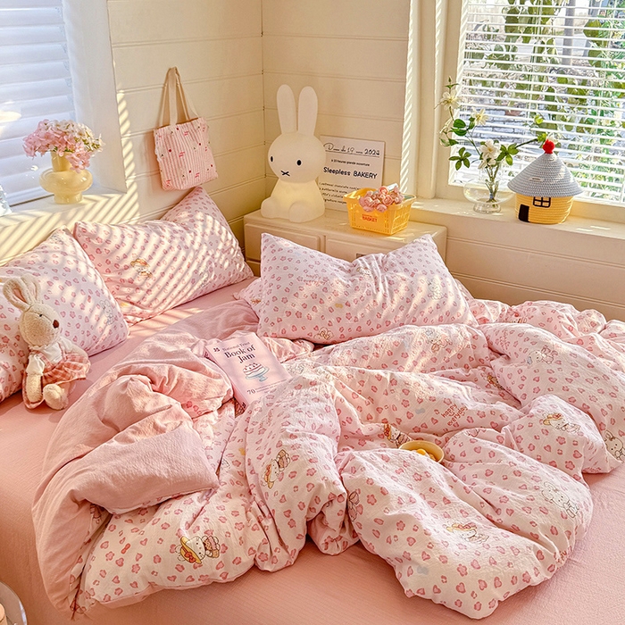 91家纺网 家纺一手货源 找家纺 九诺家纺 2026新款丝柔棉加厚小清新印花四件套-甜心 甜心-星星兔