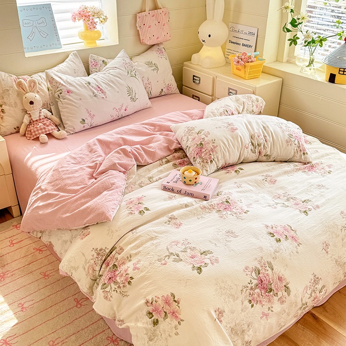 91家纺网 家纺一手货源 找家纺 九诺家纺 2026新款丝柔棉加厚小清新印花四件套-甜心 甜心-花谷