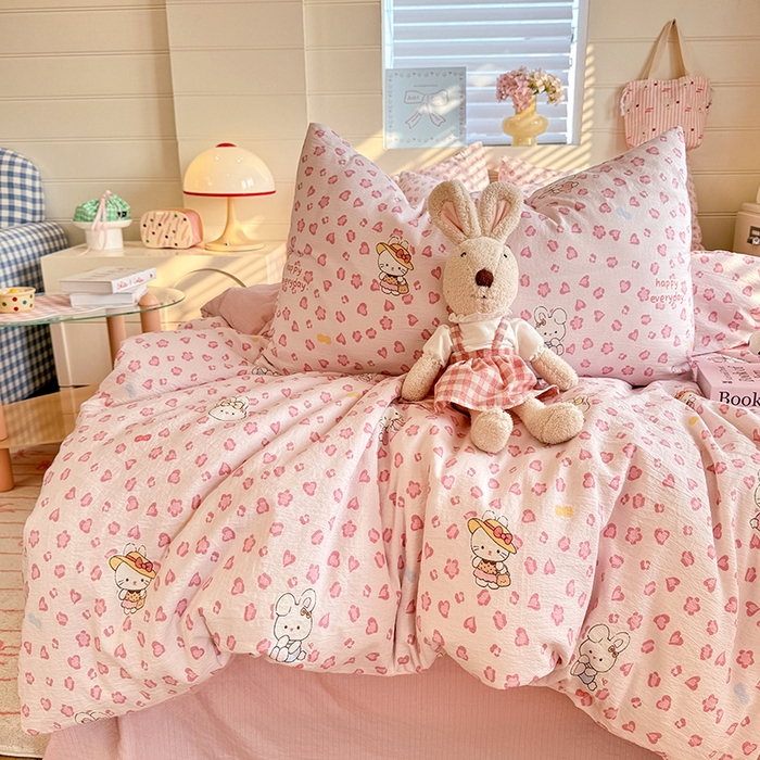 91家纺网 家纺一手货源 找家纺 九诺家纺 2026新款丝柔棉加厚小清新印花四件套-甜心 甜心-星星兔