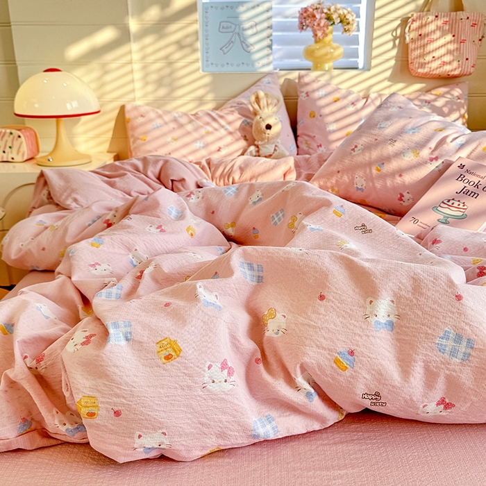 91家纺网 家纺一手货源 找家纺 九诺家纺 2026新款丝柔棉加厚小清新印花四件套-甜心 甜心-圣代甜猫粉