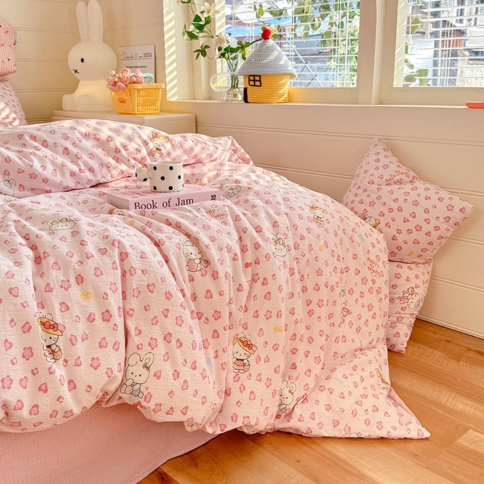 91家纺网 家纺一手货源 找家纺 九诺家纺 2026新款丝柔棉加厚小清新印花四件套-甜心 甜心-星星兔