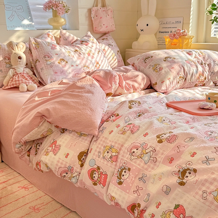九诺家纺 2026新款丝柔棉加厚小清新印花四件套-甜心 甜心-草莓女孩