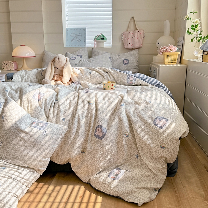 91家纺网 家纺一手货源 找家纺 九诺家纺 2026新款丝柔棉加厚小清新印花四件套-甜心 甜心-甜酷猫咪