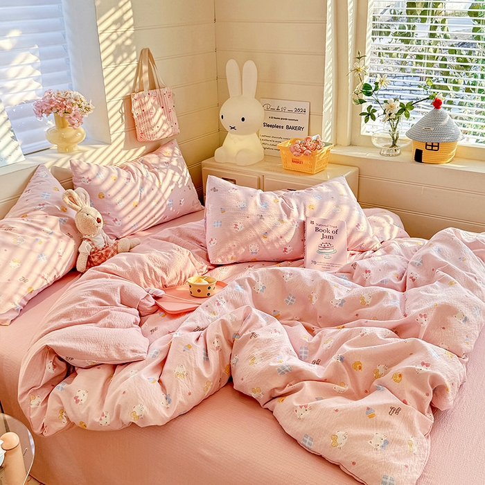 91家纺网 家纺一手货源 找家纺 九诺家纺 2026新款丝柔棉加厚小清新印花四件套-甜心 甜心-圣代甜猫粉