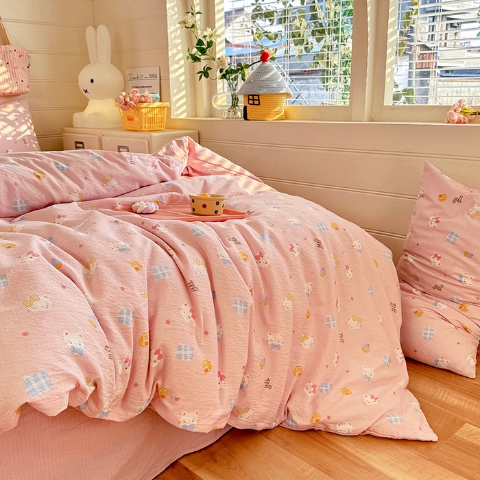 91家纺网 家纺一手货源 找家纺 九诺家纺 2026新款丝柔棉加厚小清新印花四件套-甜心 甜心-圣代甜猫粉