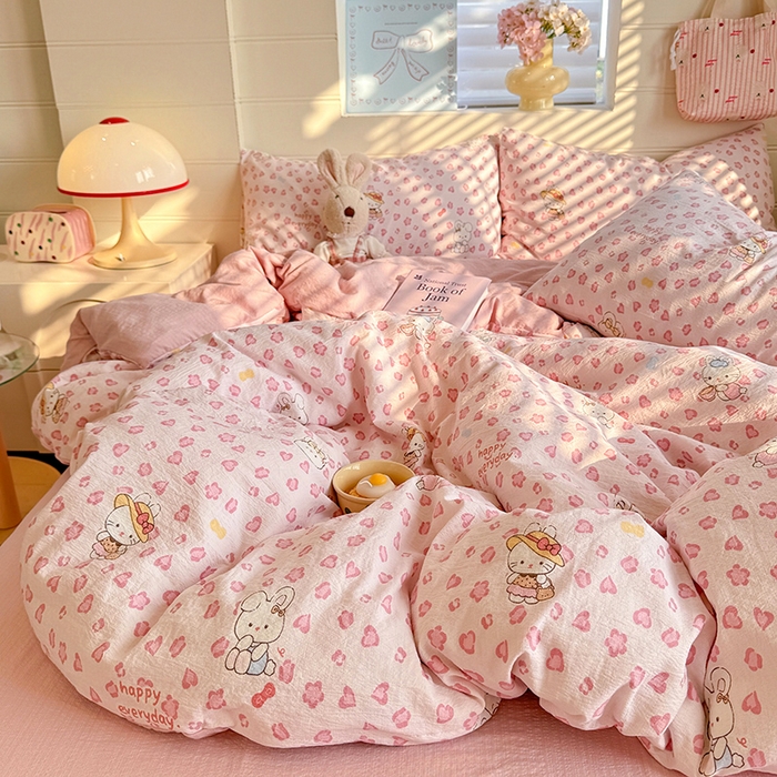 91家纺网 家纺一手货源 找家纺 九诺家纺 2026新款丝柔棉加厚小清新印花四件套-甜心 甜心-星星兔