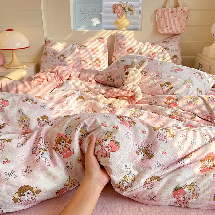 91家纺网 家纺一手货源 找家纺 九诺家纺 2026新款丝柔棉加厚小清新印花四件套-甜心 甜心-草莓女孩