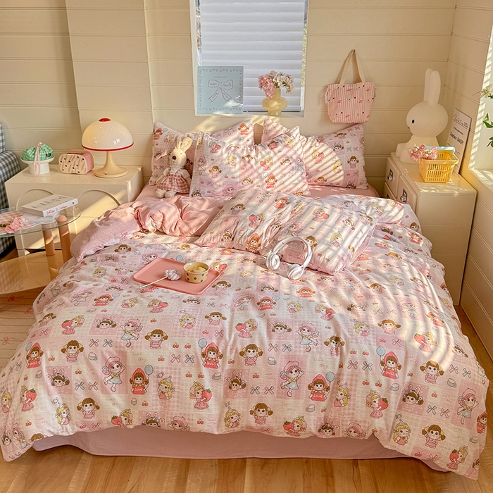 91家纺网 家纺一手货源 找家纺 九诺家纺 2026新款丝柔棉加厚小清新印花四件套-甜心 甜心-草莓女孩