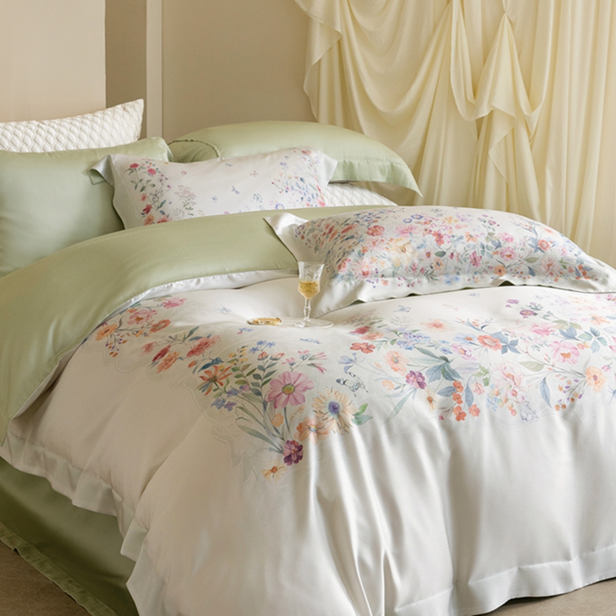 91家纺网 家纺一手货源 找家纺 时亿家居 2026新款大版莱赛尔天丝印花四件套 蓝姗园 玉