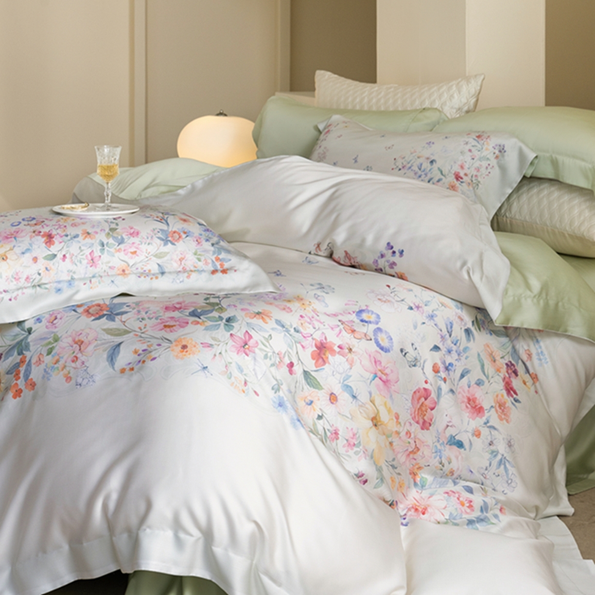 91家纺网 家纺一手货源 找家纺 时亿家居 2026新款大版莱赛尔天丝印花四件套 蓝姗园 玉