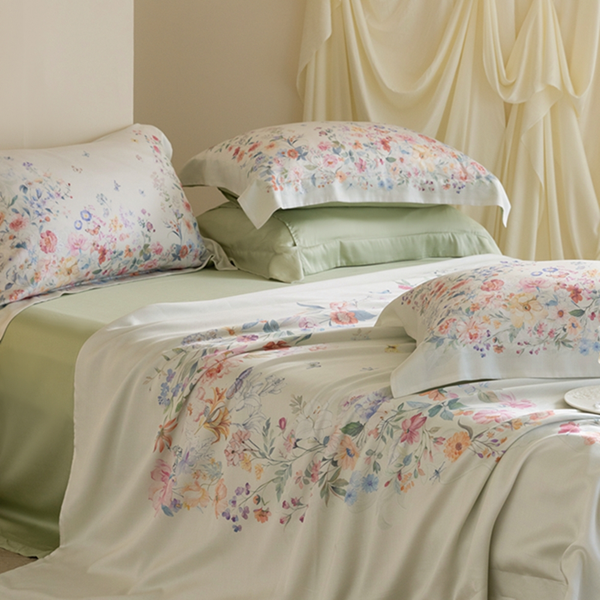 91家纺网 家纺一手货源 找家纺 时亿家居 2026新款大版莱赛尔天丝印花四件套 蓝姗园 玉