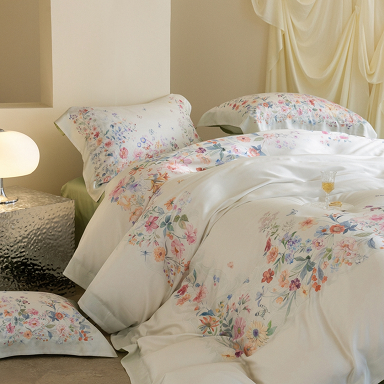 91家纺网 家纺一手货源 找家纺 时亿家居 2026新款大版莱赛尔天丝印花四件套 蓝姗园 玉