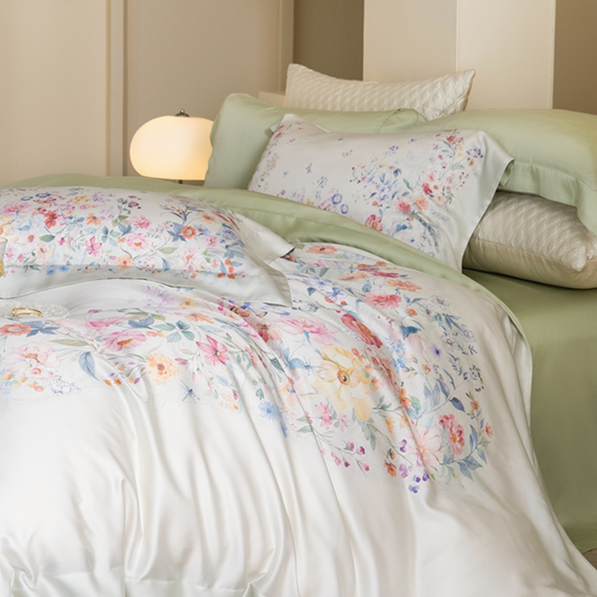 91家纺网 家纺一手货源 找家纺 时亿家居 2026新款大版莱赛尔天丝印花四件套 蓝姗园 玉