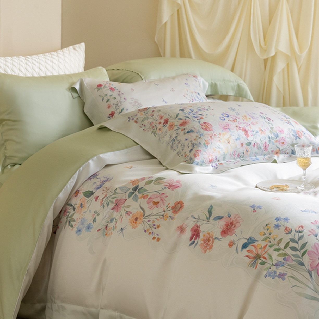 91家纺网 家纺一手货源 找家纺 时亿家居 2026新款大版莱赛尔天丝印花四件套 蓝姗园 玉