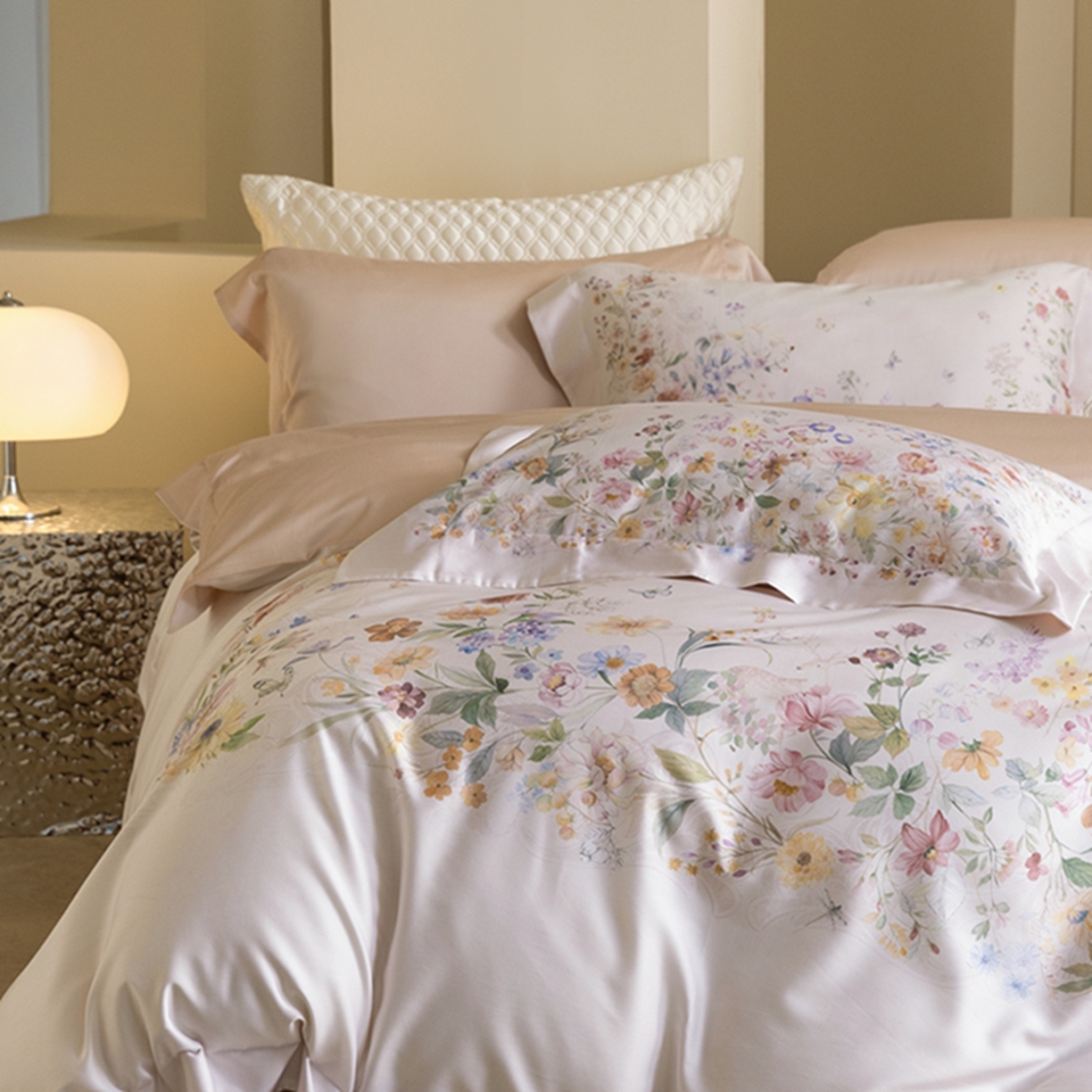 91家纺网 家纺一手货源 找家纺 时亿家居 2026新款大版莱赛尔天丝印花四件套 蓝姗园 粉