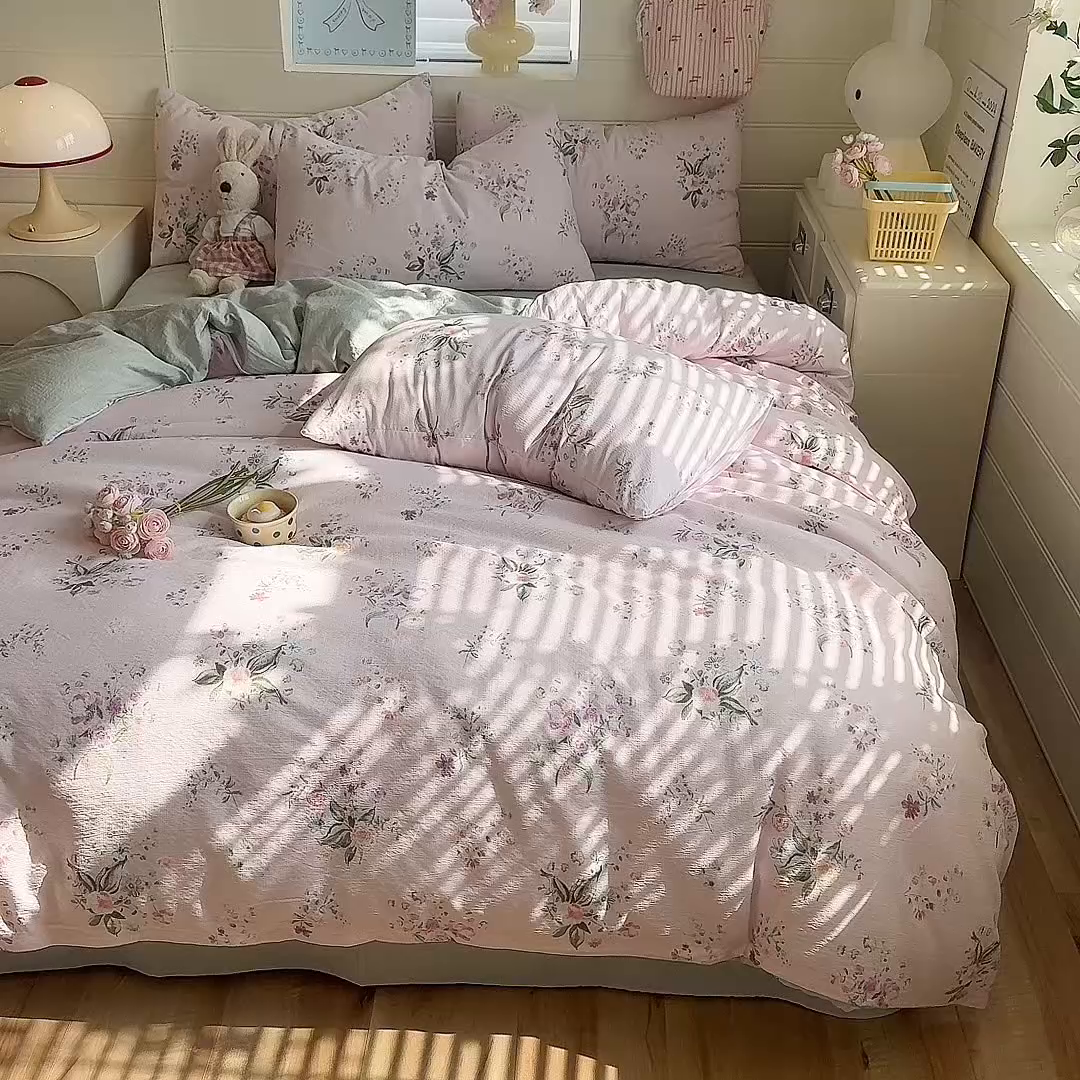 91家纺网 家纺一手货源 找家纺 九诺家纺 2026新款丝柔棉加厚小清新印花四件套-甜心 甜心-紫薇花