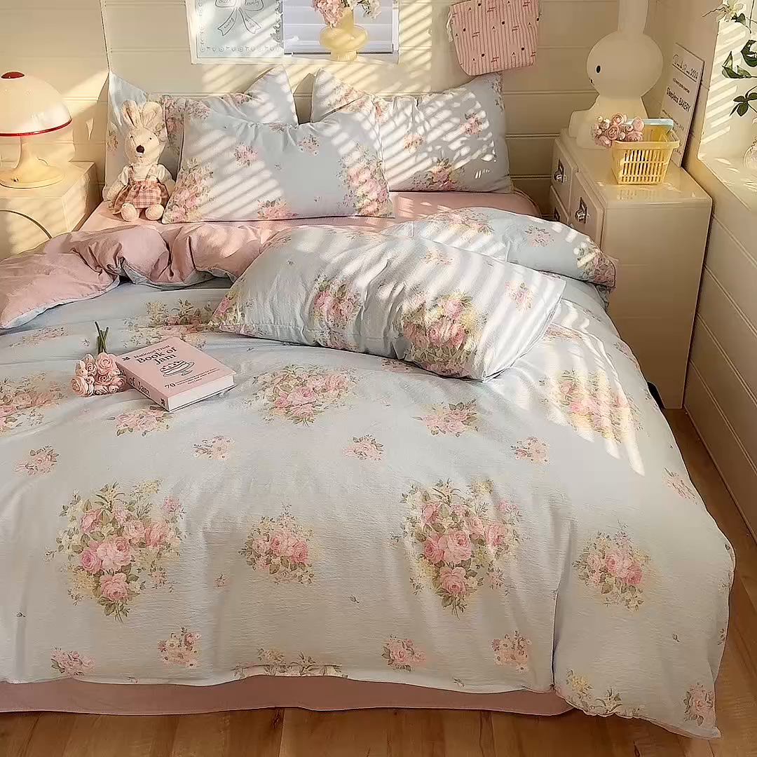 91家纺网 家纺一手货源 找家纺 九诺家纺 2026新款丝柔棉加厚小清新印花四件套-甜心 甜心-花语时光