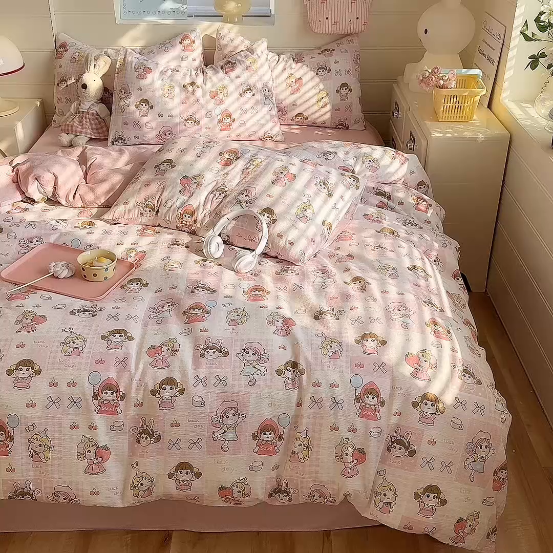 91家纺网 家纺一手货源 找家纺 九诺家纺 2026新款丝柔棉加厚小清新印花四件套-甜心 甜心-草莓女孩