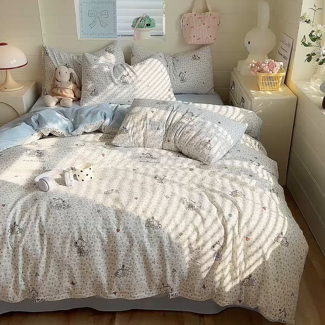 91家纺网 家纺一手货源 找家纺 九诺家纺 2026新款丝柔棉加厚小清新印花四件套-甜心 甜心-暖心小狗