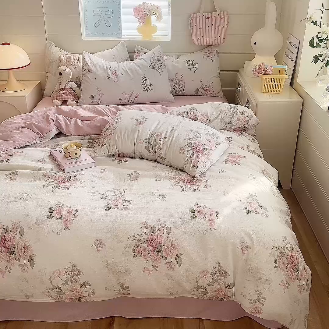 91家纺网 家纺一手货源 找家纺 九诺家纺 2026新款丝柔棉加厚小清新印花四件套-甜心 甜心-花谷