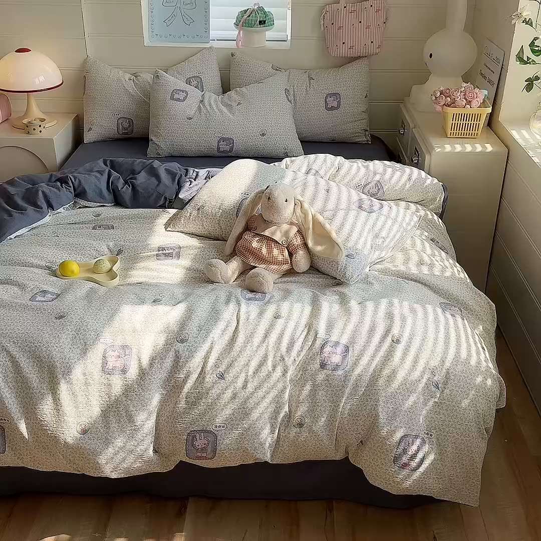 91家纺网 家纺一手货源 找家纺 九诺家纺 2026新款丝柔棉加厚小清新印花四件套-甜心 甜心-甜酷猫咪