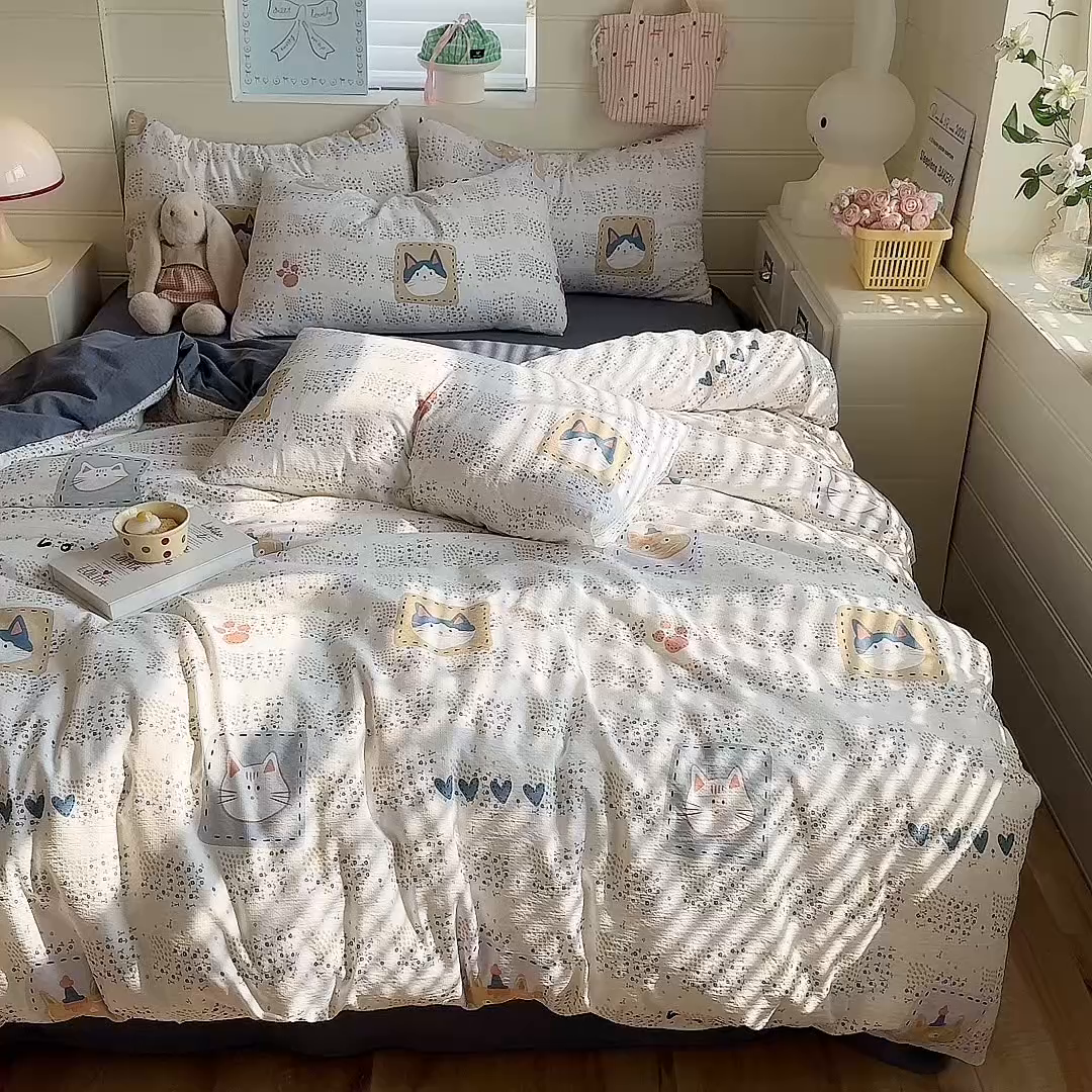 91家纺网 家纺一手货源 找家纺 九诺家纺 2026新款丝柔棉加厚小清新印花四件套-甜心 甜心-喵喵物语