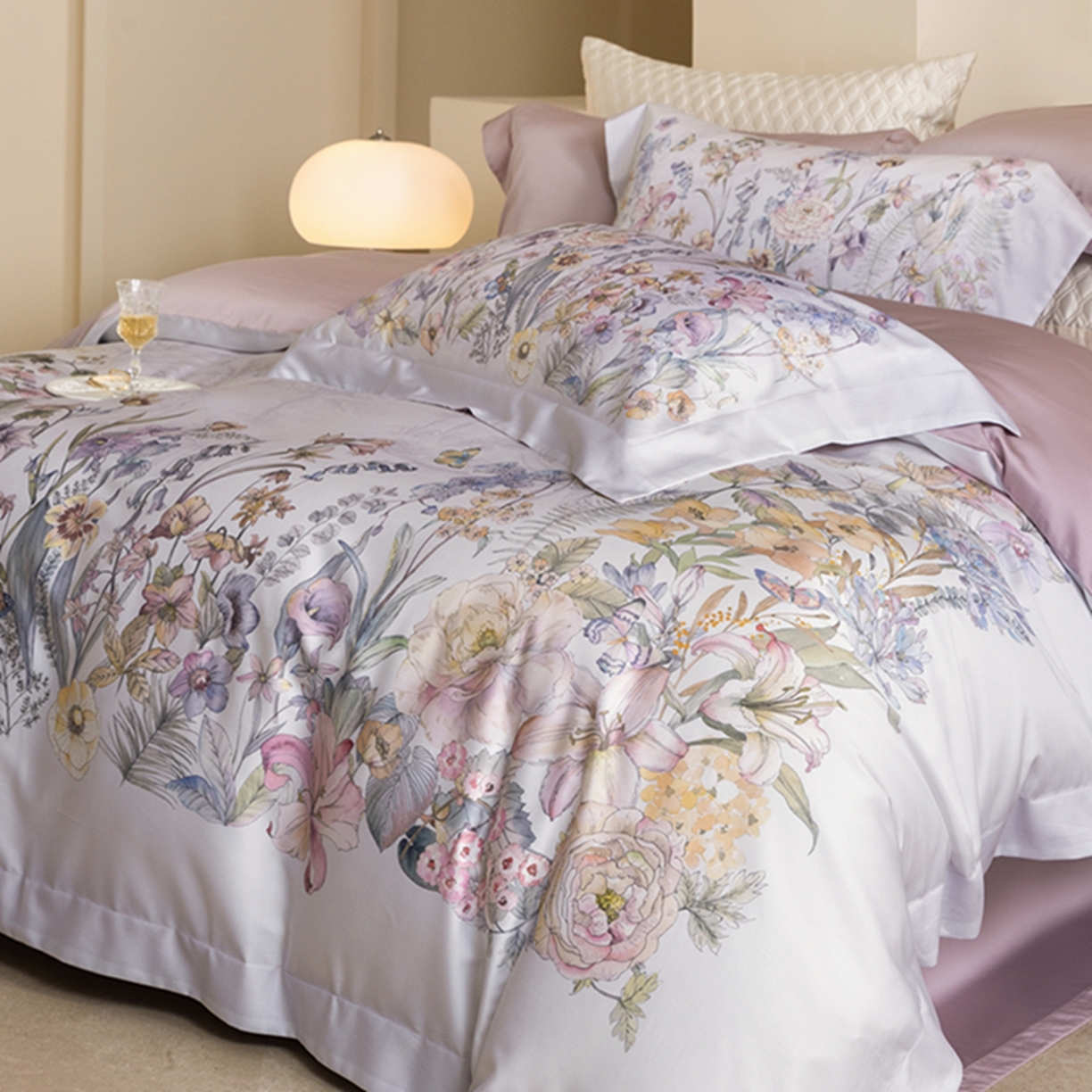 91家纺网 家纺一手货源 找家纺 时亿家居 2026新款大版莱赛尔天丝印花四件套 苏芸 粉