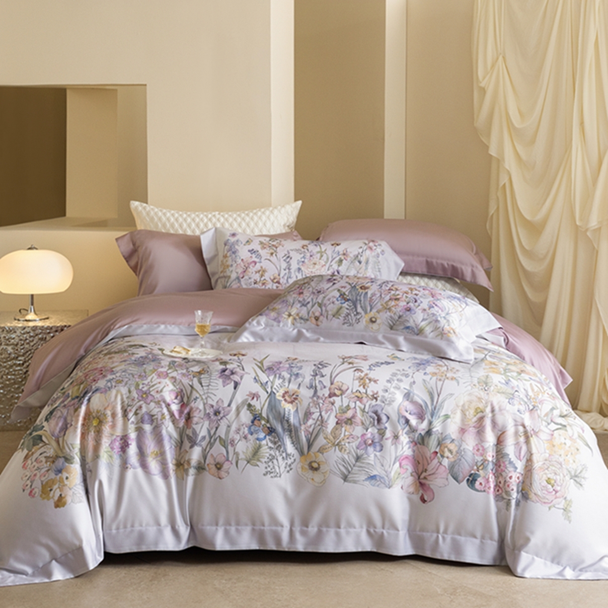 91家纺网 家纺一手货源 找家纺 时亿家居 2026新款大版莱赛尔天丝印花四件套 苏芸 粉