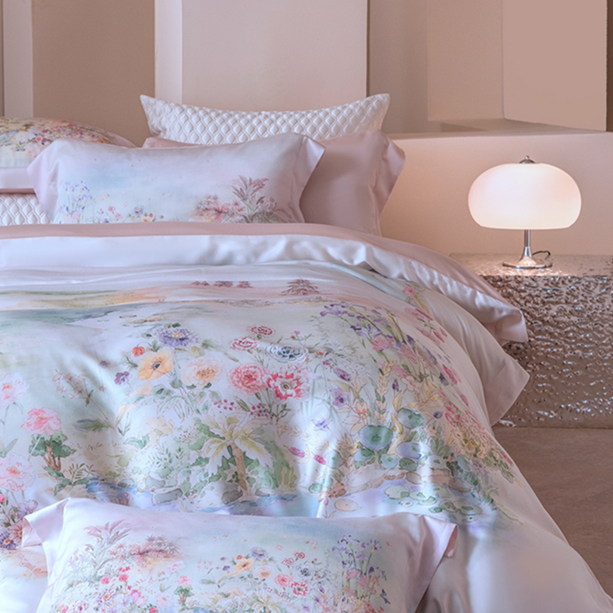 时亿家居 2026新款大版莱赛尔天丝印花四件套 夏怡花园 粉绿