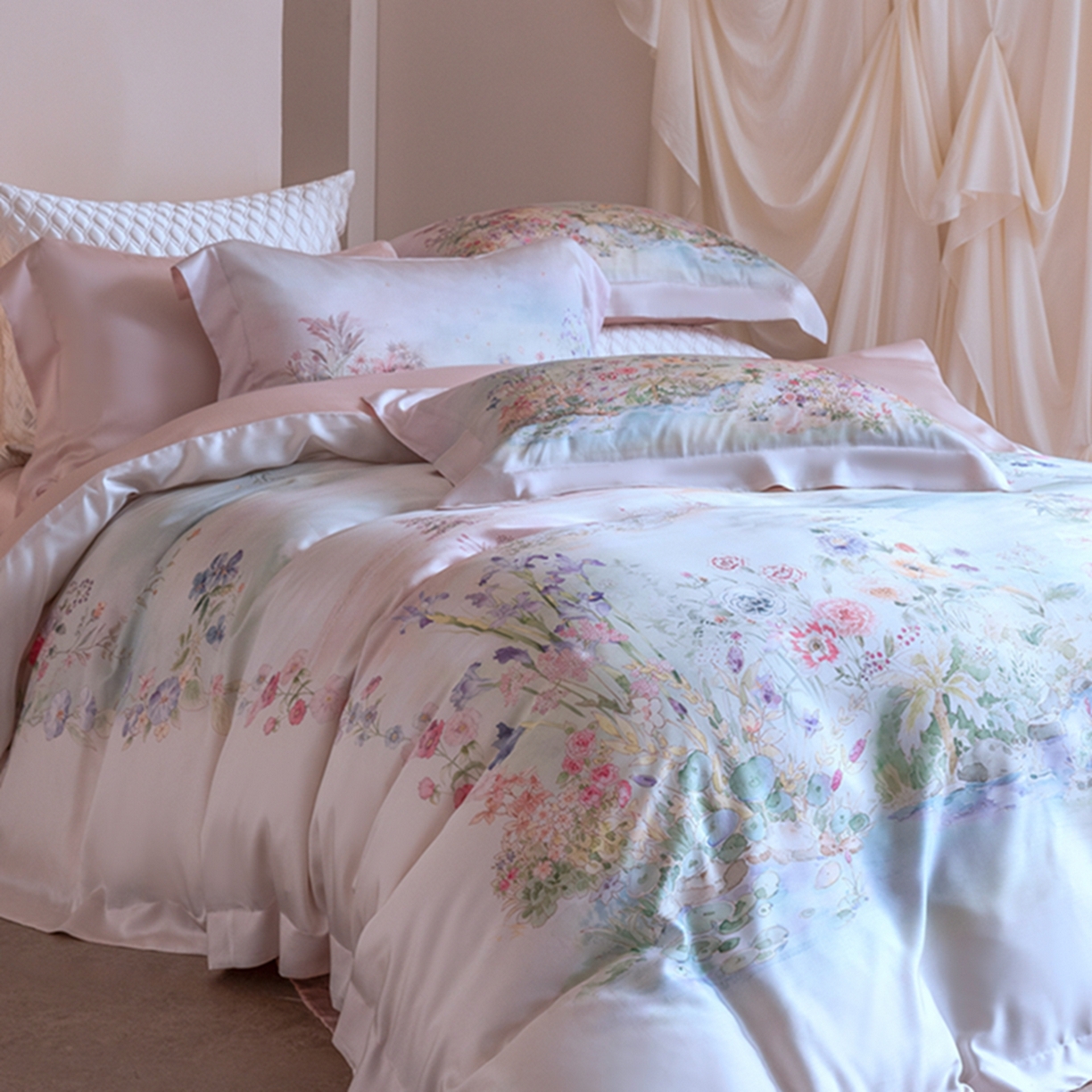 91家纺网 家纺一手货源 找家纺 时亿家居 2026新款大版莱赛尔天丝印花四件套 夏怡花园 粉绿