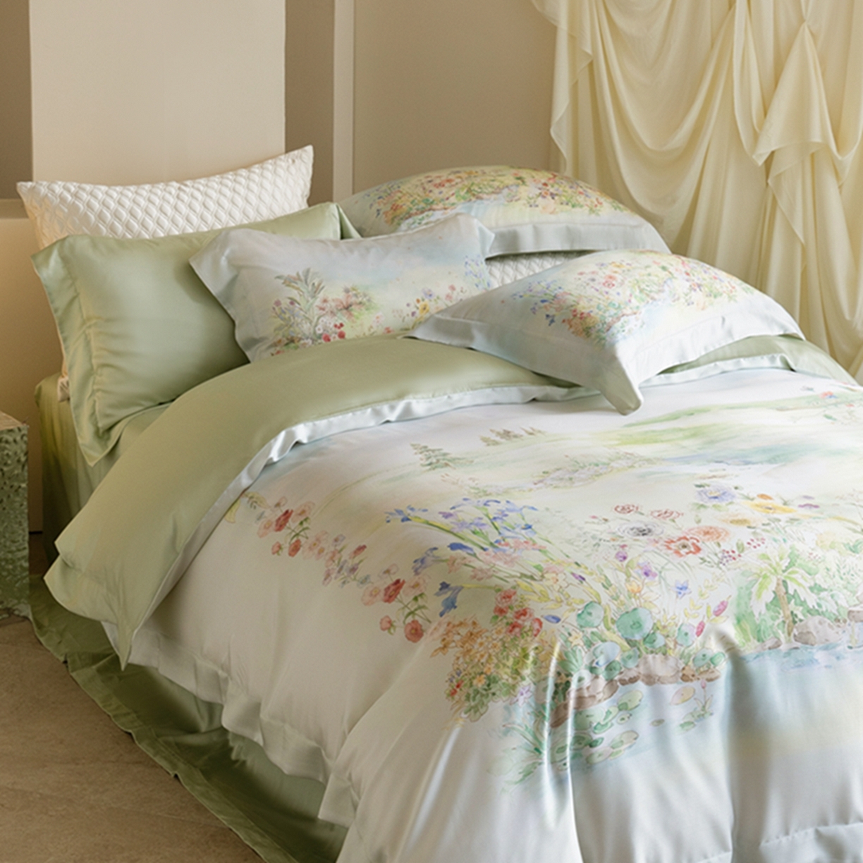 91家纺网 家纺一手货源 找家纺 时亿家居 2026新款大版莱赛尔天丝印花四件套 夏怡花园 黄绿