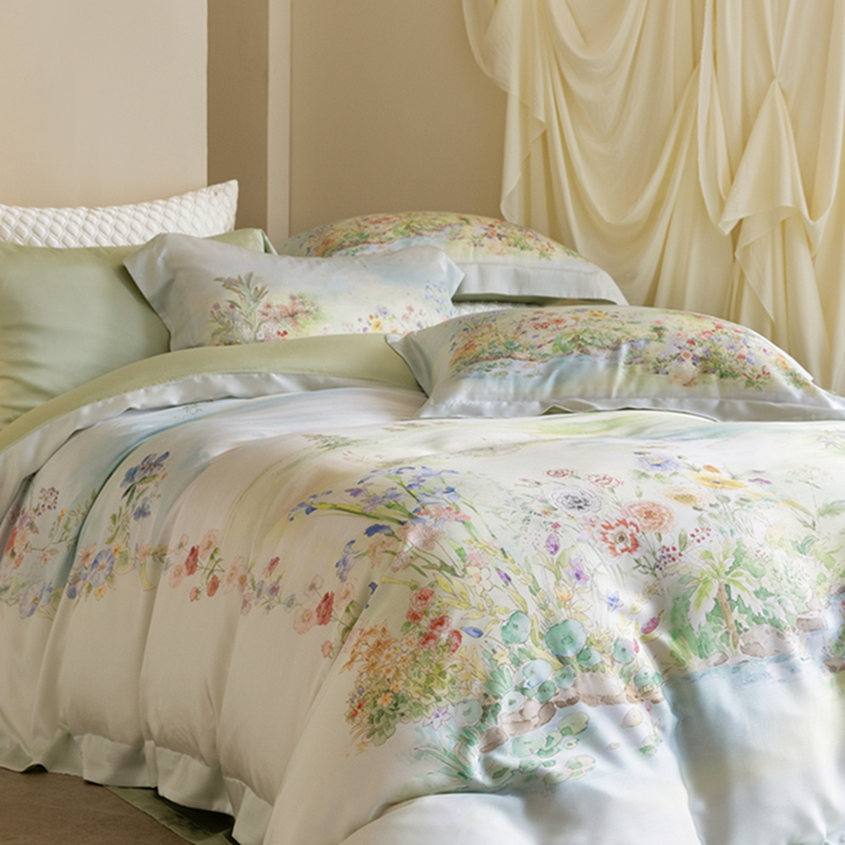 91家纺网 家纺一手货源 找家纺 时亿家居 2026新款大版莱赛尔天丝印花四件套 夏怡花园 黄绿