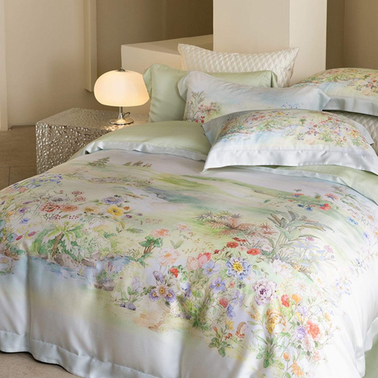 91家纺网 家纺一手货源 找家纺 时亿家居 2026新款大版莱赛尔天丝印花四件套 夏怡花园 黄绿