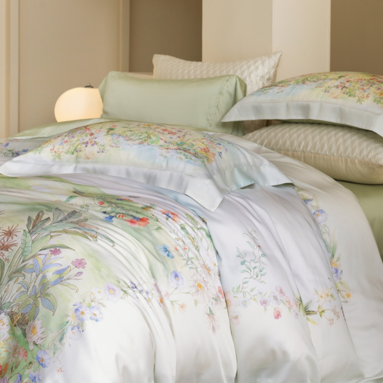 91家纺网 家纺一手货源 找家纺 时亿家居 2026新款大版莱赛尔天丝印花四件套 夏怡花园 黄绿