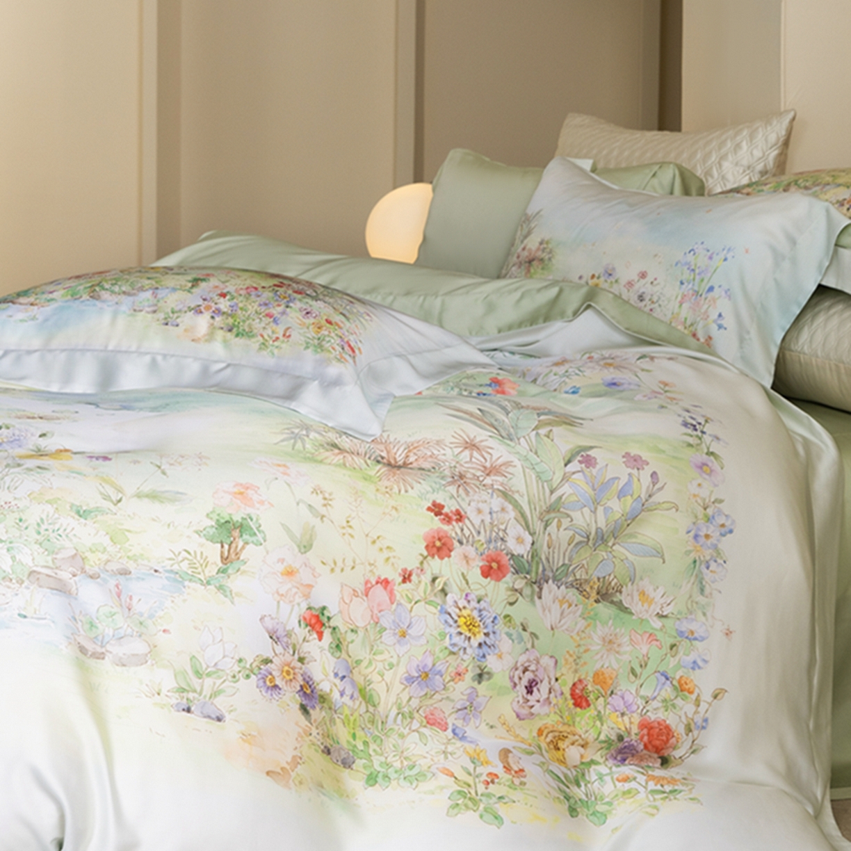 91家纺网 家纺一手货源 找家纺 时亿家居 2026新款大版莱赛尔天丝印花四件套 夏怡花园 黄绿