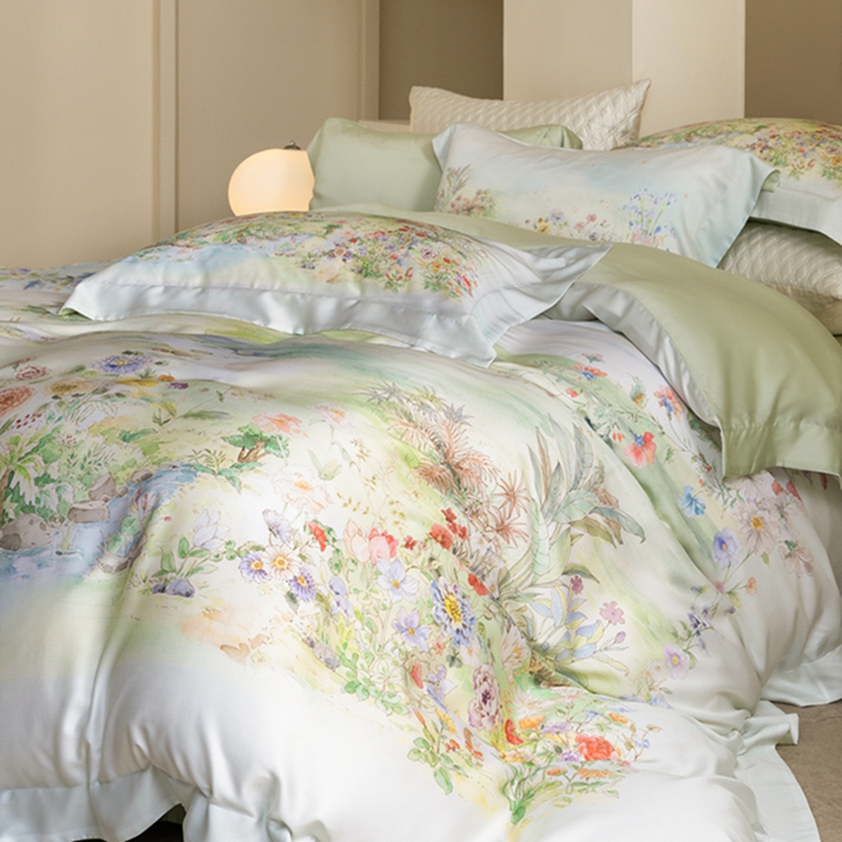 91家纺网 家纺一手货源 找家纺 时亿家居 2026新款大版莱赛尔天丝印花四件套 夏怡花园 黄绿