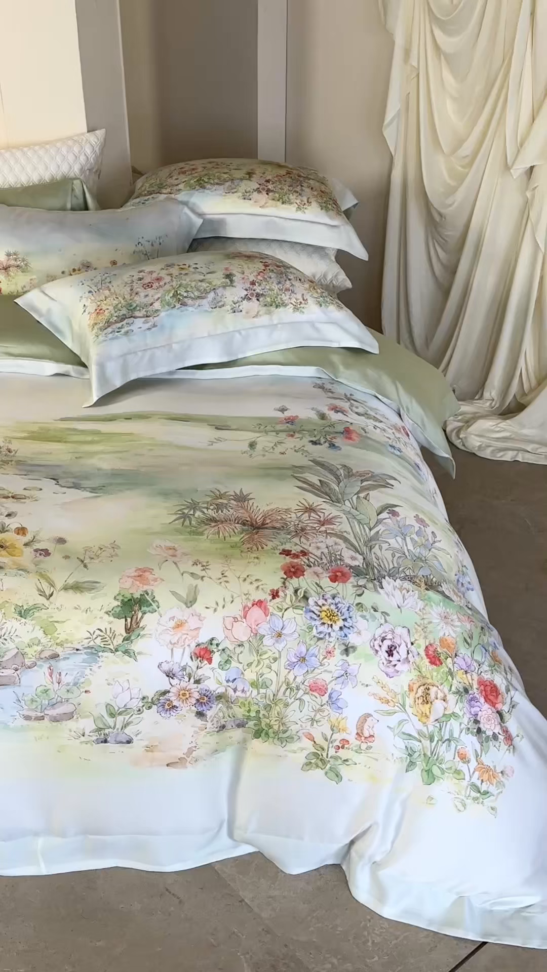 91家纺网 家纺一手货源 找家纺 时亿家居 2026新款大版莱赛尔天丝印花四件套 夏怡花园 黄绿