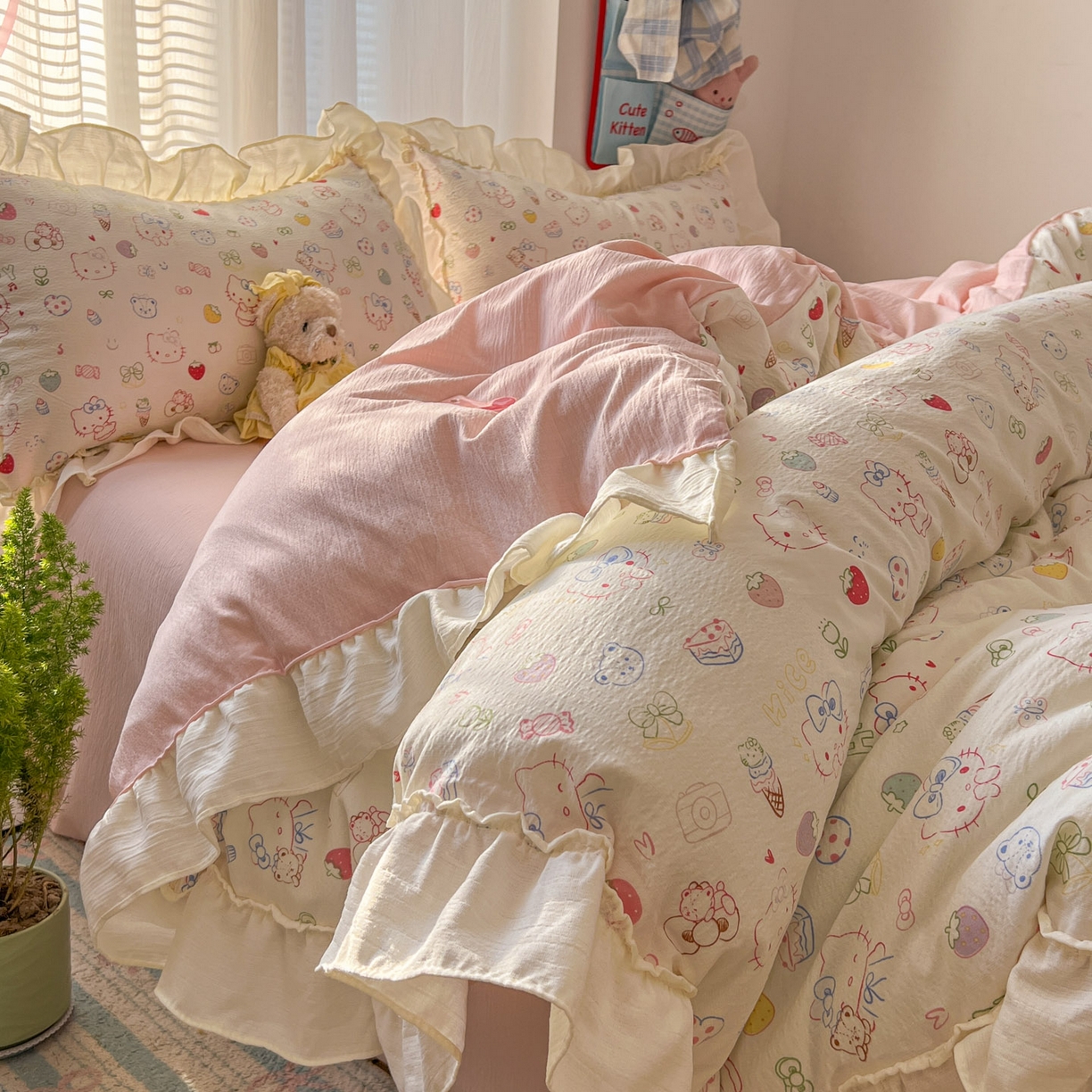 91家纺网 家纺一手货源 找家纺 （总）老K (原美阁） 2026新款木棉双层纱四件套卡通韩版公主风四件套