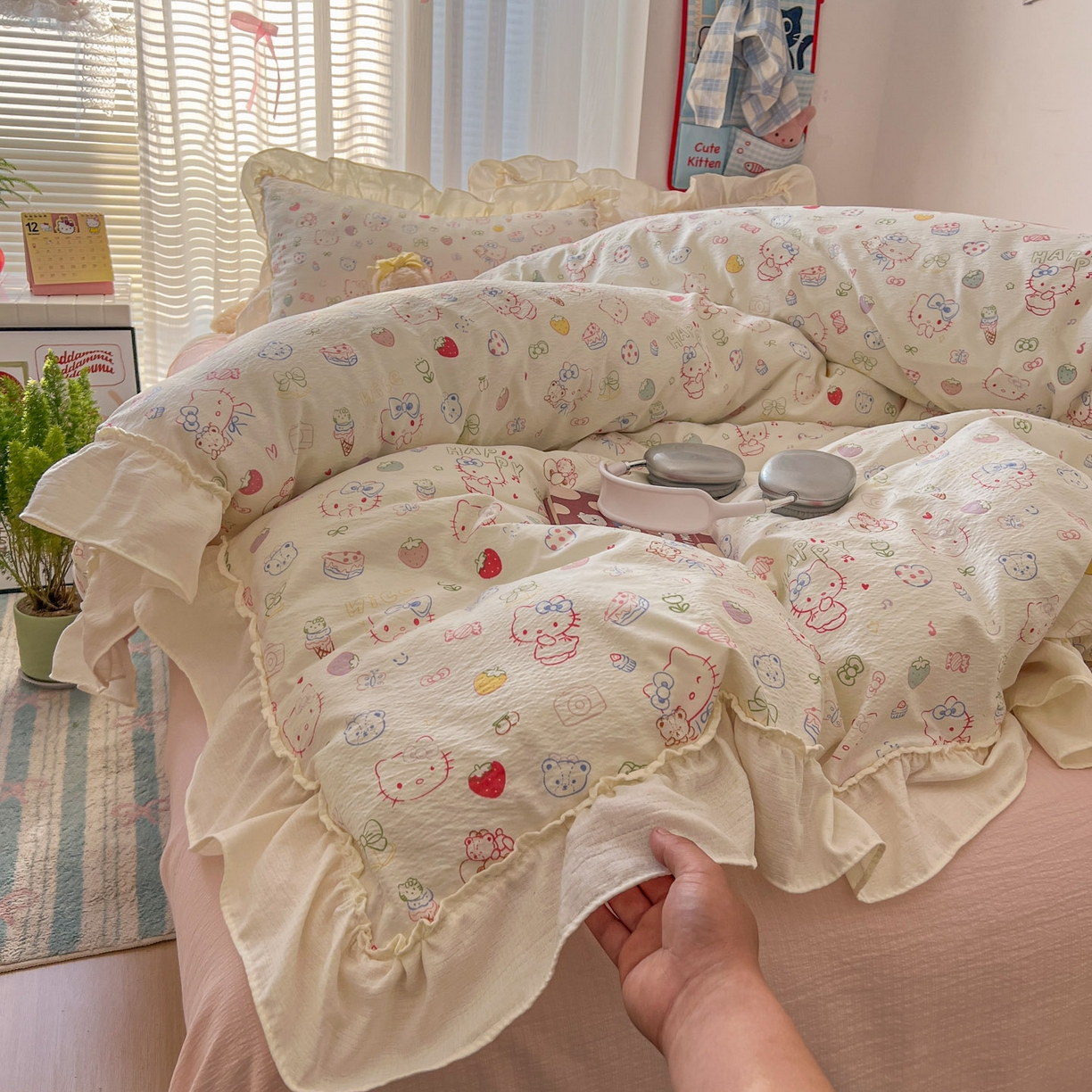 91家纺网 家纺一手货源 找家纺 （总）老K (原美阁） 2026新款木棉双层纱四件套卡通韩版公主风四件套